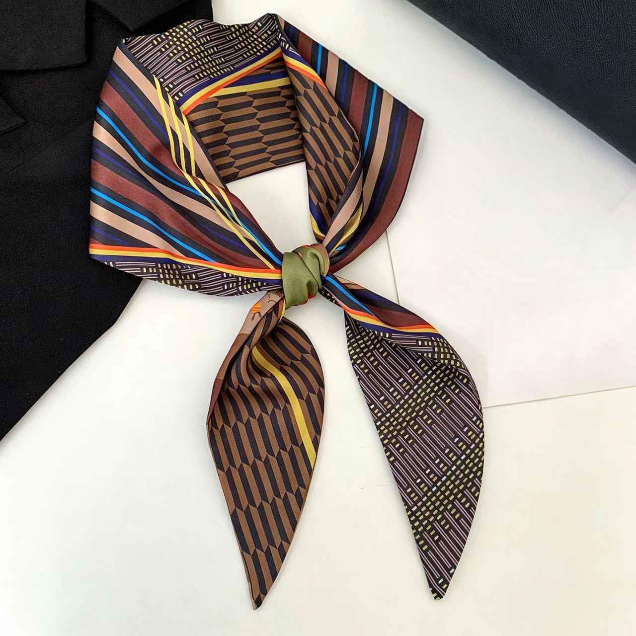 Scarf Silk Neck - 럭셔리 프린트 롱 헤어 리본 베벨