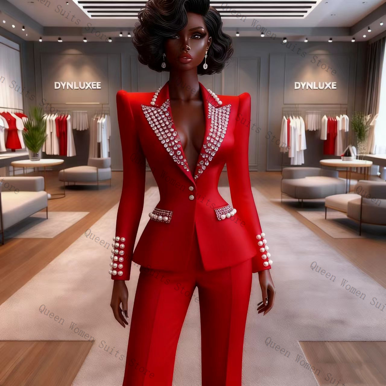 Women'S Red Formal Wear - 진주 레드 여성 정장 바지 세트