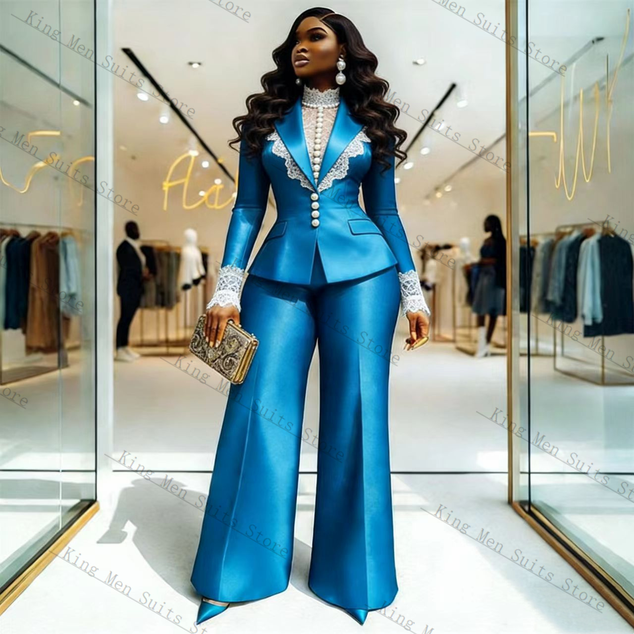 Women'S Formal Wear For A Wedding - 블루 새틴 레이스 여성 정장 세트