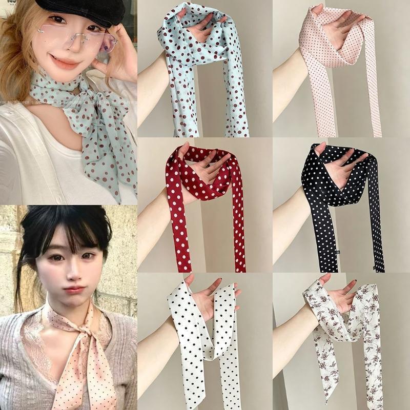 Scarf Silk Neck - 폴카 도트 꽃무늬 프린트 실크 스카프