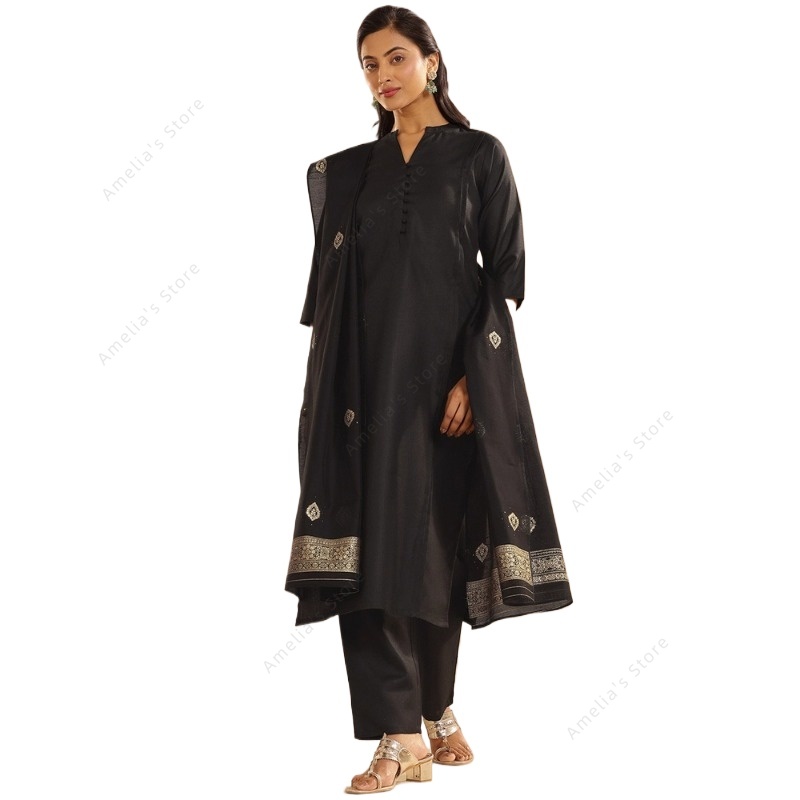 Women Formal Wear Ethnic - 여성용 블랙 자카드 쿠르타 팬츠 두파타