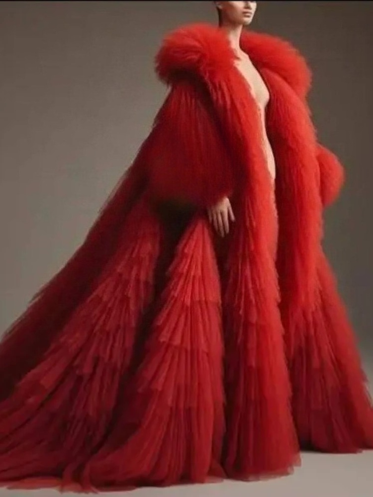 레드 플러피 플리츠 러플 긴소매 망토 플러피 티어드 튤 - Women'S Red Formal Wear 리뷰 및 가격