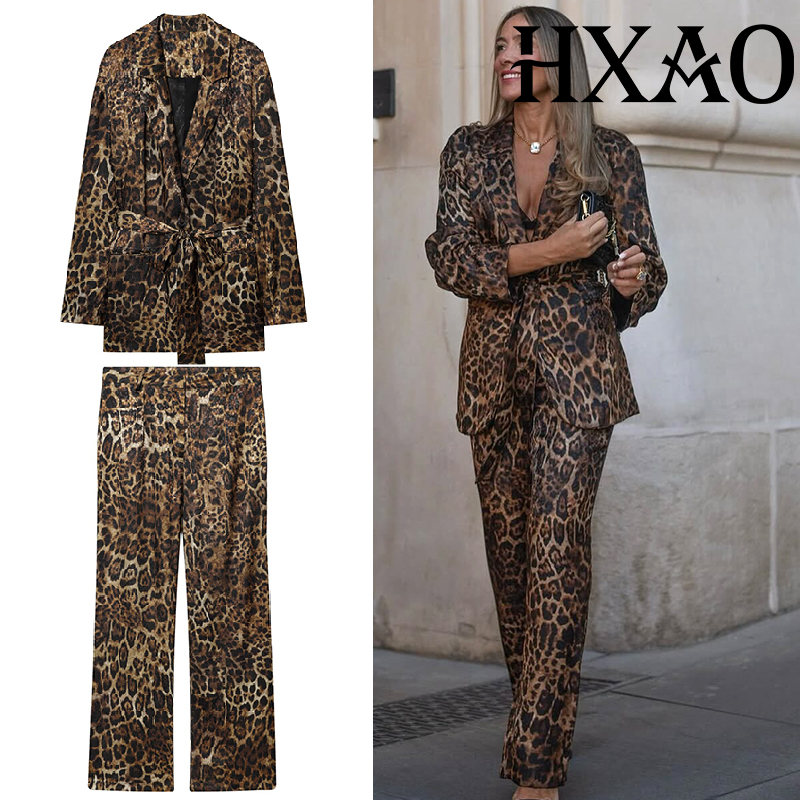 HXAO 레오파드 팬츠 세트 2피스 세트 빈티지 롱 블 - Women'S Formal Wear Suit 리뷰 및 가격