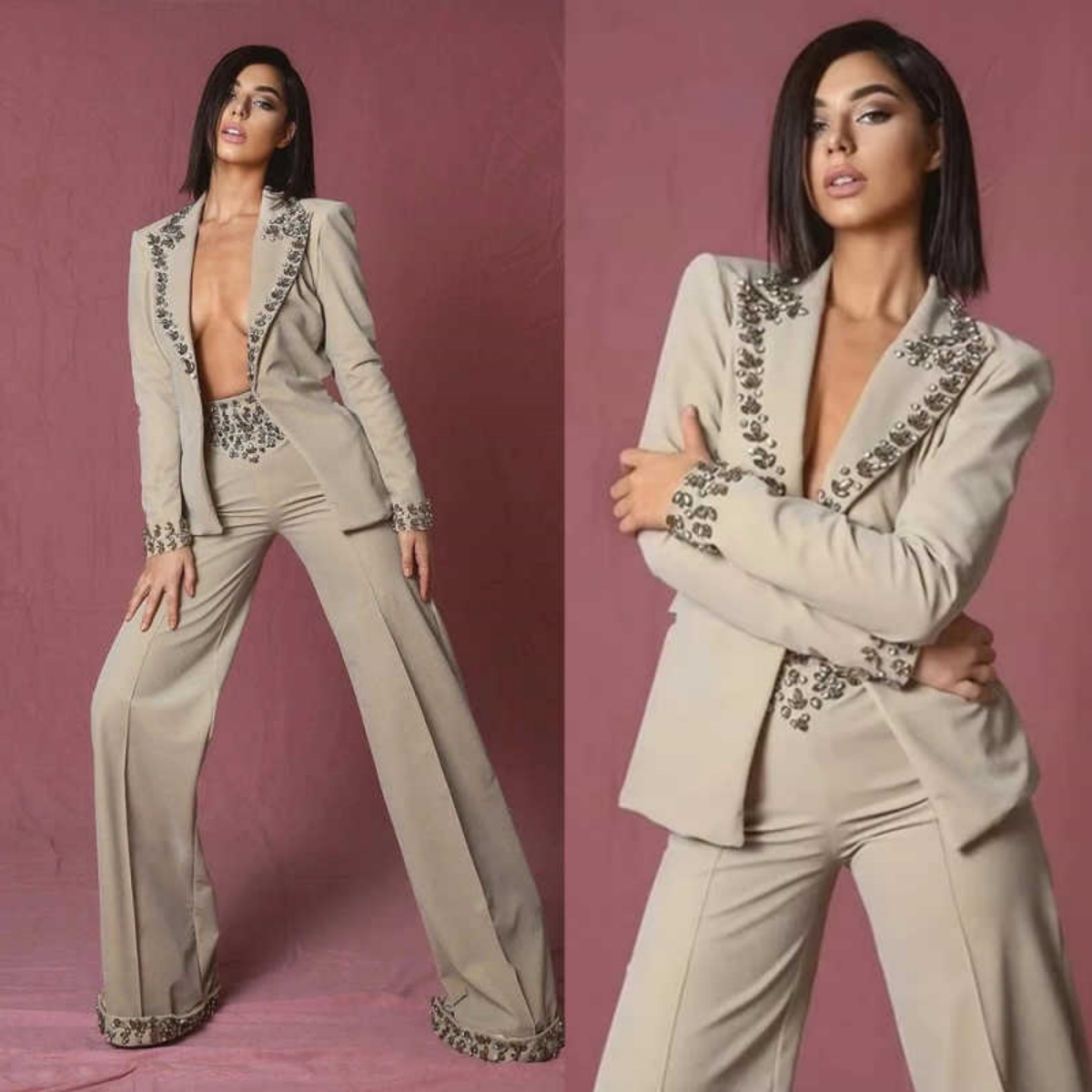 놀라운 라인스톤 여성 정장 2피스 블레이저 바지 공식  - Women'S Formal Wear Jackets 리뷰 및 가격