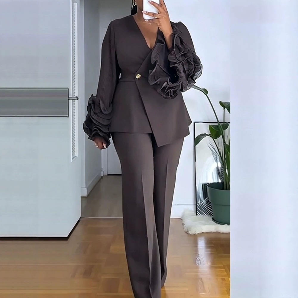 여성용 2피스 팬츠 슈트 딥-V 러플 긴소매 블레이저  - Women'S Formal Wear Suit 리뷰 및 가격